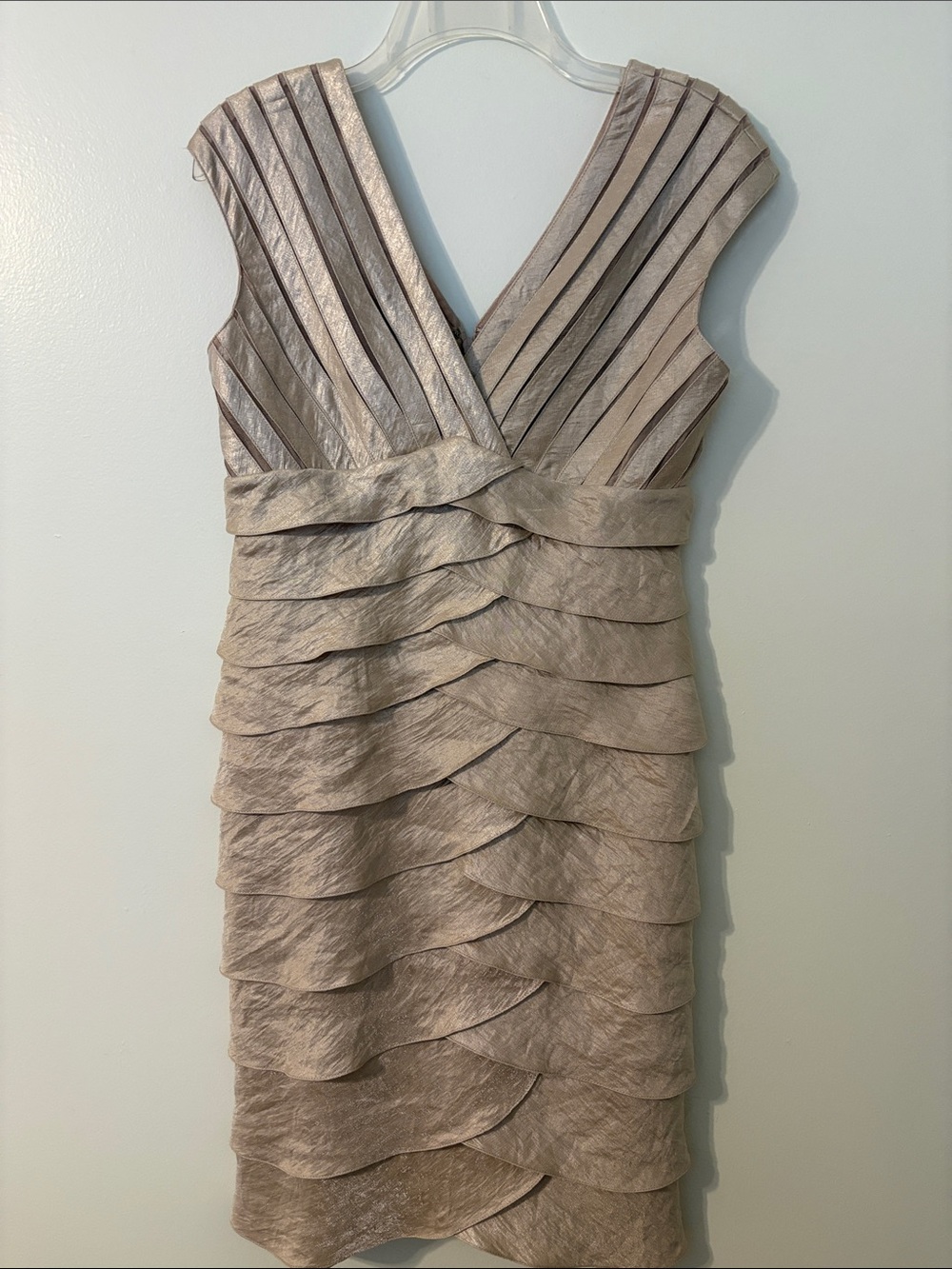 Adrianna Papell Taupe Pleated V-Neck Tiered Midi Dress